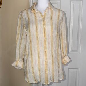 Outerknown Costa Linen Blend Button Up Shirt yellow & white stripe pattern